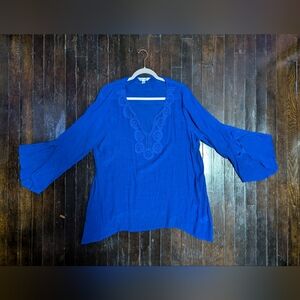 Counterparts Cobalt Blue Lace V-Neck Long Bell Sleeve Crepe Blouse